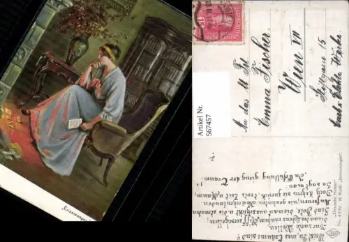 567457,Künstler AK H. Wolff Erinnerungen Frau Brief Ofen Kasten Interieur
