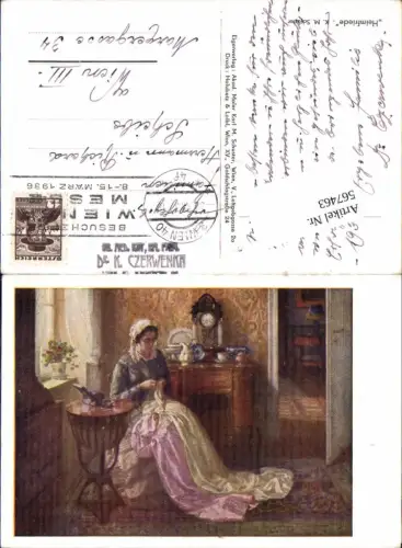 567463,Künstler AK Karl Maria Schuster Handarbeit nähen Uhr Pendeluhr