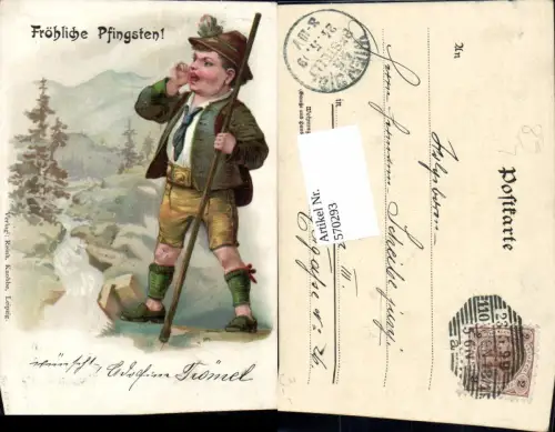 570293,Lithographie Junge Kind Wanderstock wandern Tracht pub Reinh. Knobbe Leipzig