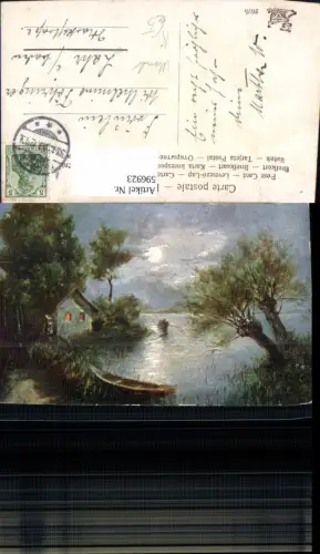 596923,Künstler Ak Ruderboot Boot Wassermühle b. Mondschein Mond