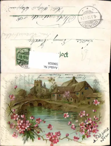 596928,Künstler Litho Dorf Brücke Blumen