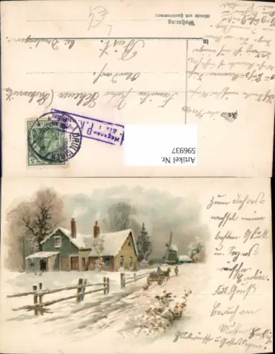 596937,Künstler Litho Haus Kutsche Winterlandschaft
