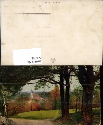 596958,Künstler Ak Kirche Dorf Blick d. Bäume Birke Wald