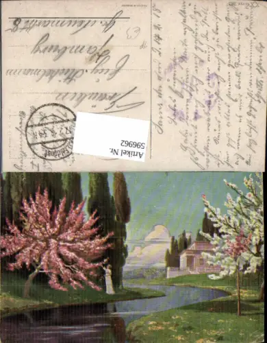 596962,Künstler Ak Frau b. Blühenden Baum Landschaft Feldpost