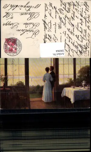 596964,Künstler Ak W. Krogh Abendfrieden Paar steht a. Tür Segelboot Kaffeetisch