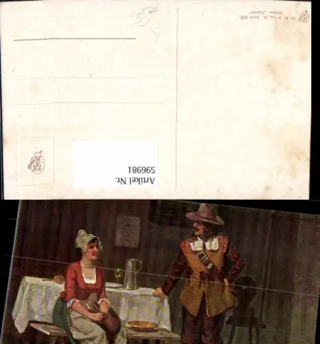 596981,Künstler Ak V. Schivert Frau rupft Huhn Mann Uniform Wein Stillleben