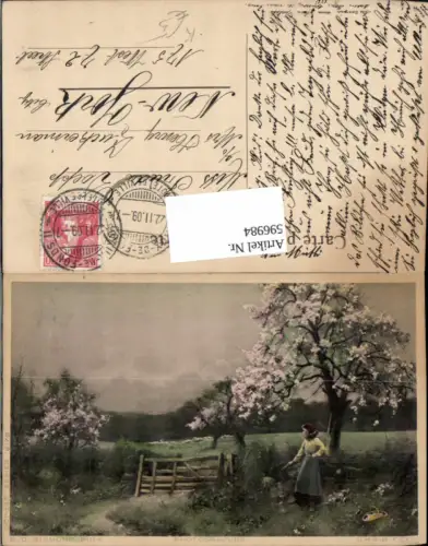 596984,Künstler Ak B. D. Sigmund Frau Zaun Baumblüte Landschaft