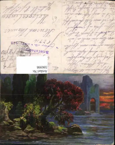 596998,Künstler Ak Ruine a. Ufer Landschaft b. Nacht Feldpost 4 Kompanie Regt. 413