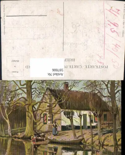 597006,Künstler Ak Gerstenhauer Haus Frau Wäschewaschen a. Fluß Boot Landschaft