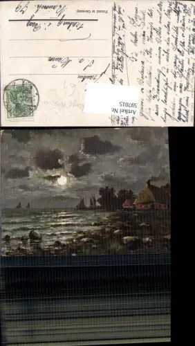 597015,Künstler Ak Hugo Lissmann Segelschiffe Reetdachhäuser Landschaft Mondschein Mond