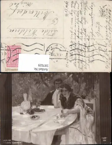 597029,Künstler Ak P. Ribera Carmen Paar Essen u. Trinken a. Tisch