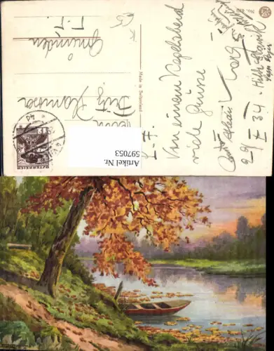597053,Künstler Ak H. Zimmermann Boot a. Ufer Baum Herbststimmung