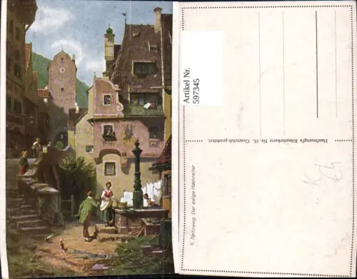 597345,Künstler Ak K. Spitzweg Der ewige Hochzeiter Frau m. Kavalier Brunnen