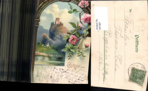 597387,Künstler Litho Burg Ruine Landschaft Blumen Rosen