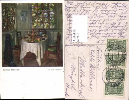 597418,Künstler Ak Jehudo Eppstein Auf der Veranda Gedeckter Tisch Essen