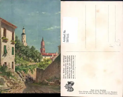 597515,Künstler Ak J. K. H. Frau Gräfin v. Flandern Bauer m. Esel Dorf Kirche