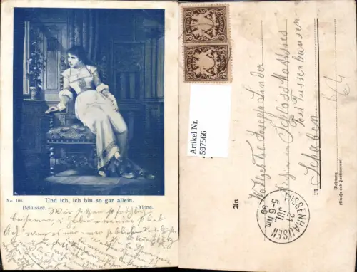 597566,Künstler Ak Delaissee Alone Und ich, ich bin so gar allein Frau a. Fenster