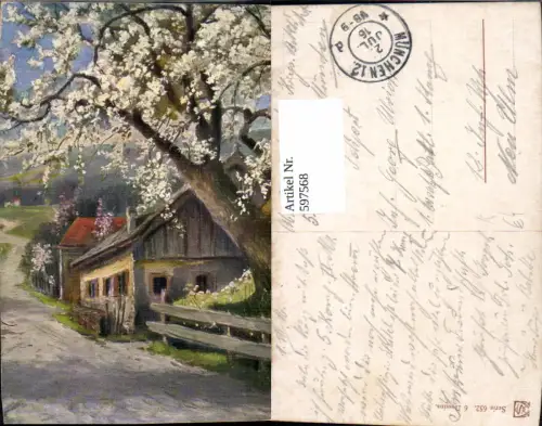 597568,Künstler Ak Haus Hof Landschaft Baumblüte