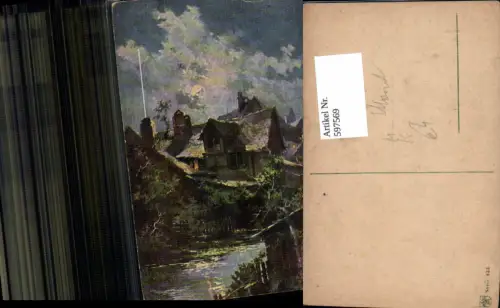 597569,Künstler Ak Haus Dorf b. Mond Mondschein Nacht