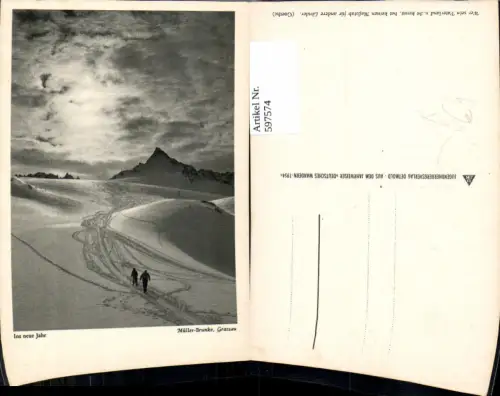 597574,Künstler Ak Müller-Brunke Ins neue Jahr Winterlandschaft Tourengeher pub Jugendherbergsverlag Detmold