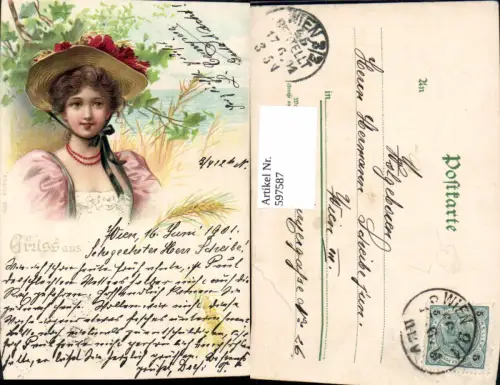 597587,Künstler Litho Frau Hut Strohhut m. Blumen Küste