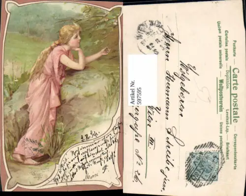 597595,Künstler Litho Kind Mädchen b. Stein Felsen stehend