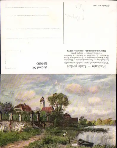 597605,Künstler Ak F. Bayerlein Stroch a. Ufer Boot Dorf Landschaft