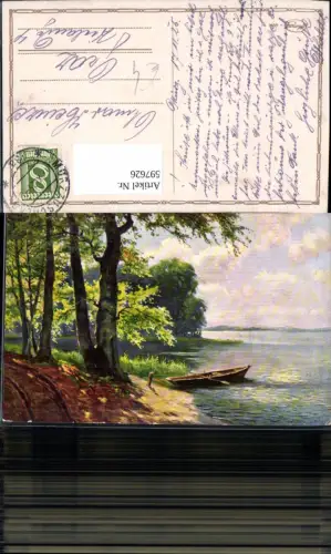 597626,Künstler Ak Ruderboot Boot Ufer See Landschaft