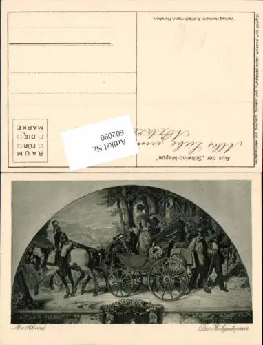 602090,Künstler AK M. v. Schwind Kutsche Hochzeitsreise Hochzeit Pferde