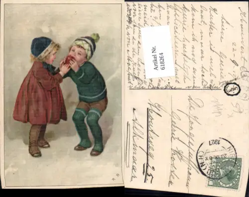 618264,Künstler AK R. B. Kinder Apfel Mädchen Junge
