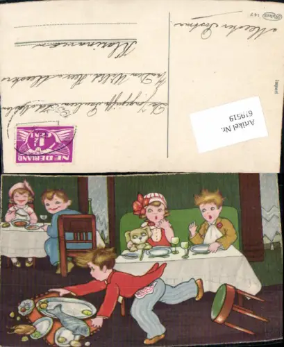 619519,Künstler AK Margret Boriss Humor Kinder Essen Kellner fällt