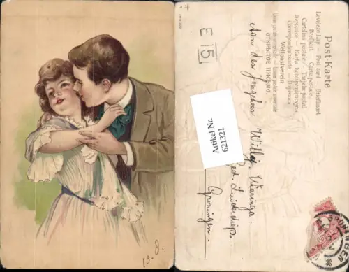 621321,tolle Künstler AK Präge Litho Mann küsst Frau Kuss Liebe