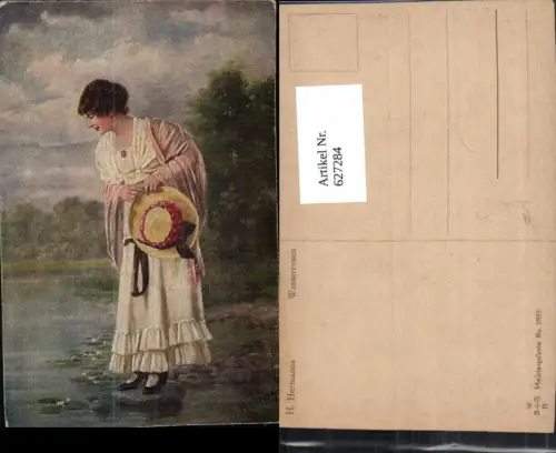 627284,Künstler Ak H. Hermanns Wasserrosen Frau Seerosen Blumen Hut