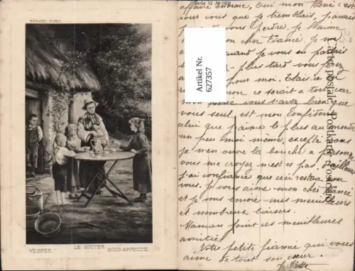 627357,Künstler Ak Berget Vesper le Gouter Frau m. Kinder Essen v. Haus