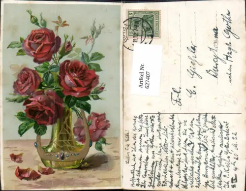 627407,Präge Litho Vase Rote Rosen Blumen