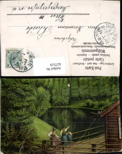 627519,Künstler Ak Max Müller Frau Tracht Ufer Hütte Landschaft Vid Skogssjön