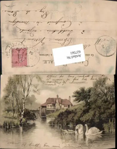 627561,Künstler Ak F. W. Huges Wassermühle Mühle Schwan Schwäne Landschaft