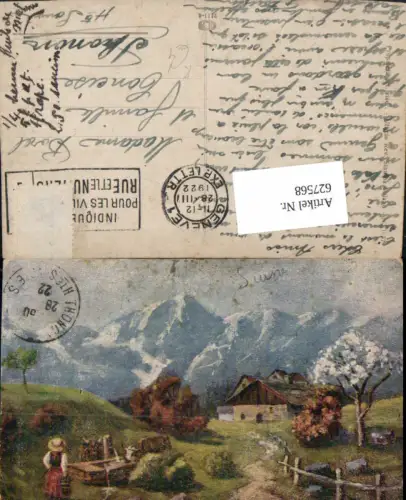 627568,Künstler Ak Frau a. Brunnen Kühe Rinder Berglandschaft