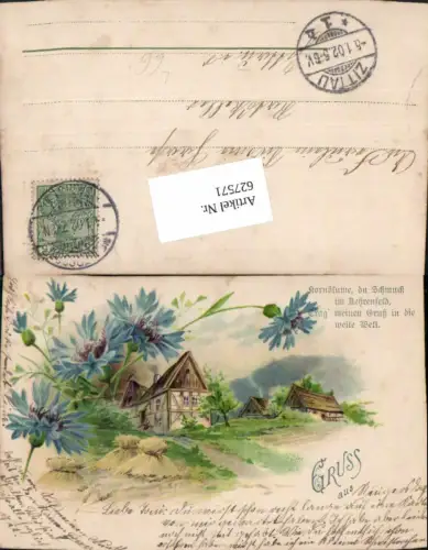 627571,Künstler Litho Bauernhaus Hof Kornblumen Blume Spruch Text