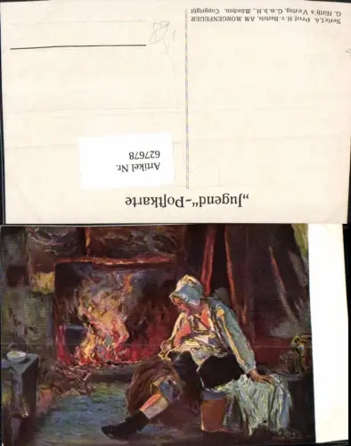 627678,Künstler Ak Prof. H. v. Bartels Am Morgenfeuer Frau Kamin pub Jugend Postkarte G. Hirths Ieuro6