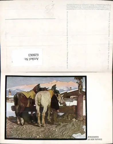 628063,Künstler Ak Junghanns An der Tränke Bauer m. Pferde Brunnen