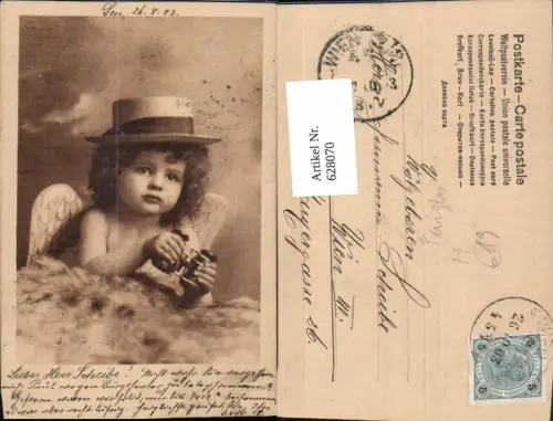 628070,Künstler Ak Kind Engel Hut Fernglas