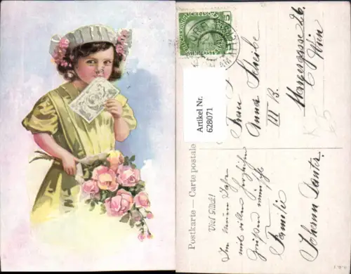 628071,Künstler Ak Mädchen Hut Rosenstrauß Blumen Rosen
