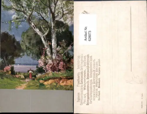 628073,Künstler Ak Holzträgerin Frau Wald Birke Landschaft