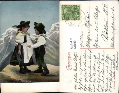 628080,Künstler Ak Kinder in Tracht Bergkulisse