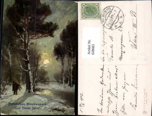 628083,Künstler Ak Holzsammeln Mann sammelt Holz Winterwald Mond