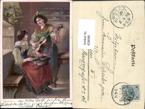 628099,Künstler Ak Material Glasperlen Applikation Frauen Tracht Musik Gitarre