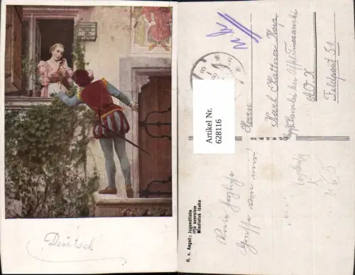 628116,Künstler Ak H. v. Angeli Jugendliebe Paar Fenster Blumen Rose Vogelkäfig