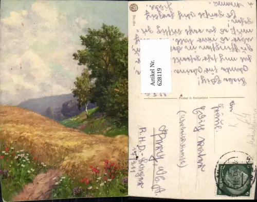 628119,Künstler Ak F. A. Getreidefeld Landschaft Baum Birke Mohnblumen