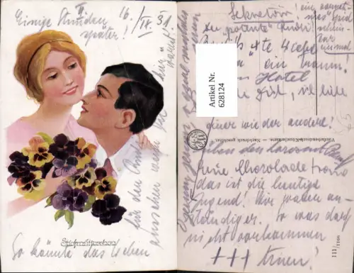 628124,Künstler Ak Paar Stiefmütterchen Blumen Liebe